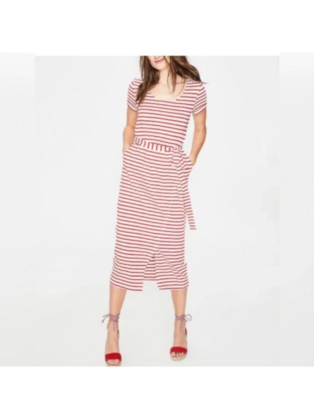 Boden Hallie Midi Dress Size 6 Red Stripes Belted Preppy Casual Nautical